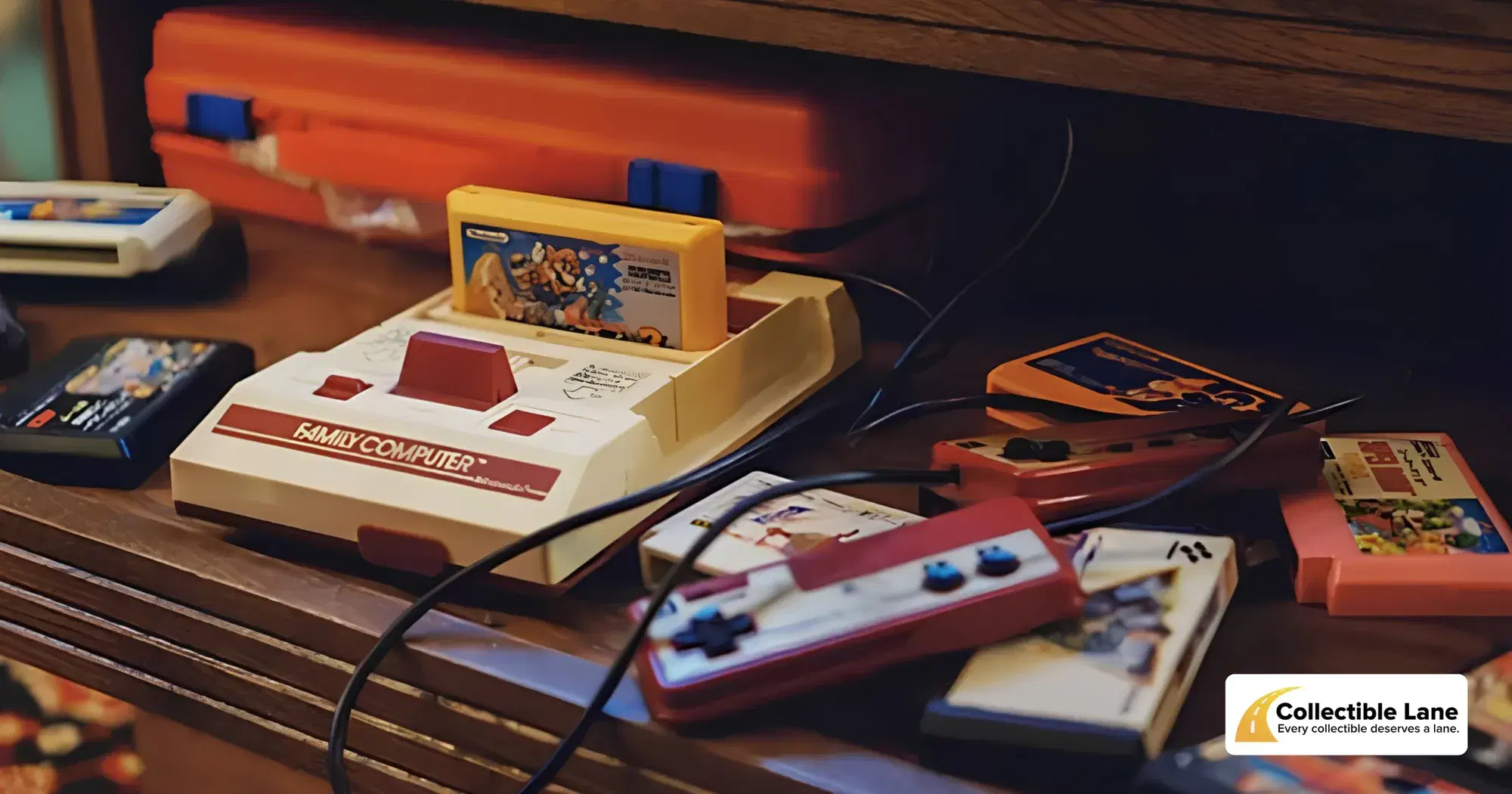 Retro Nintendo Family Computer console with cartridges and controllers on a wooden shelf