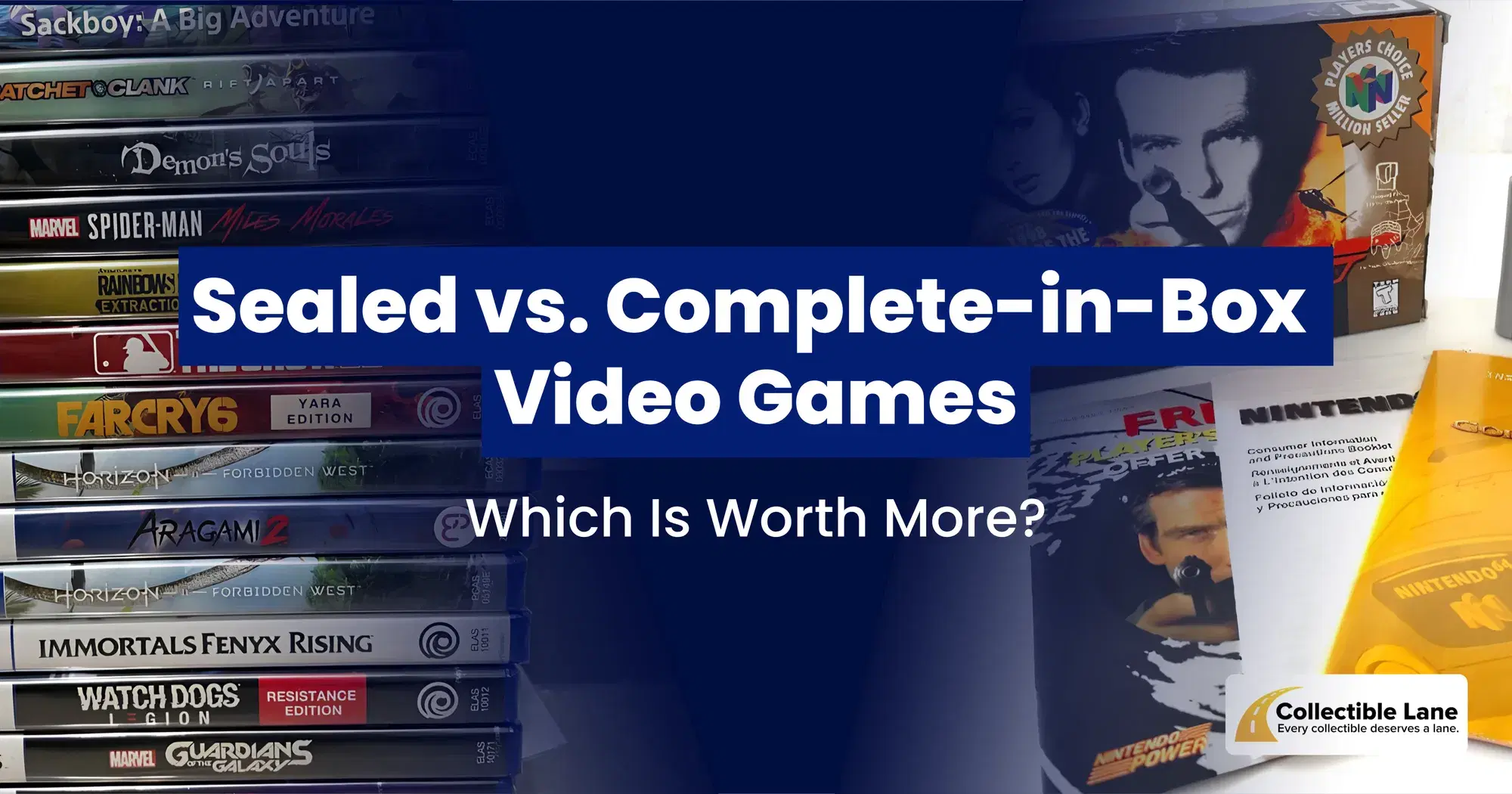 Factory-sealed and complete-in-box video games side by side