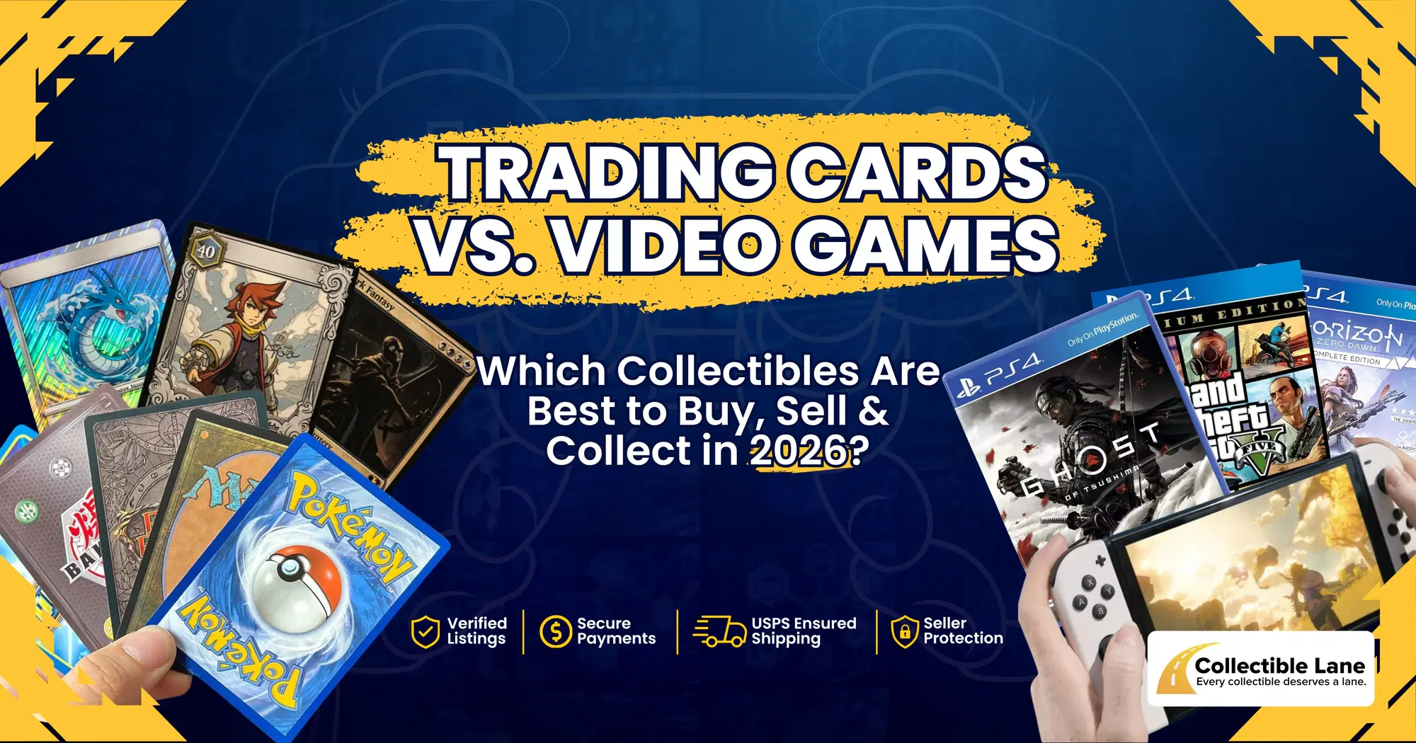 Trading cards and collectible video games side by side