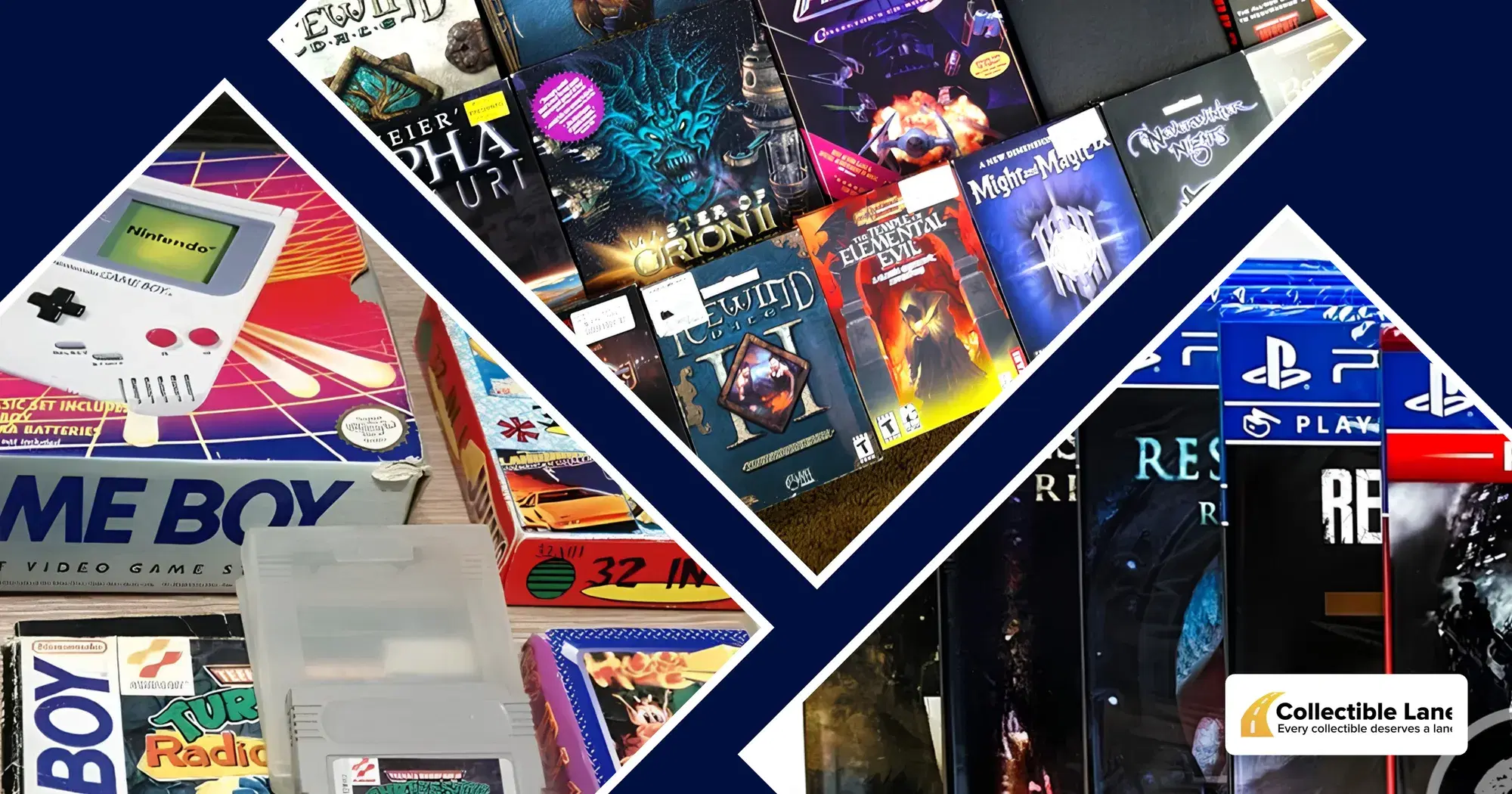 Collection of boxed retro and modern video games, from Game Boy to PlayStation